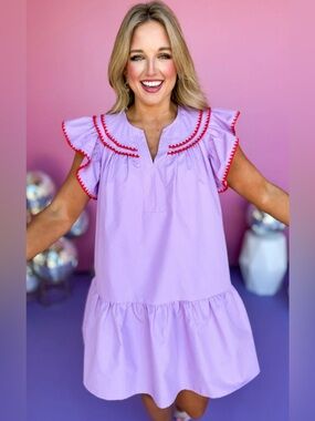 Lavender Midi ruffle Dress with embroidered Red Trim